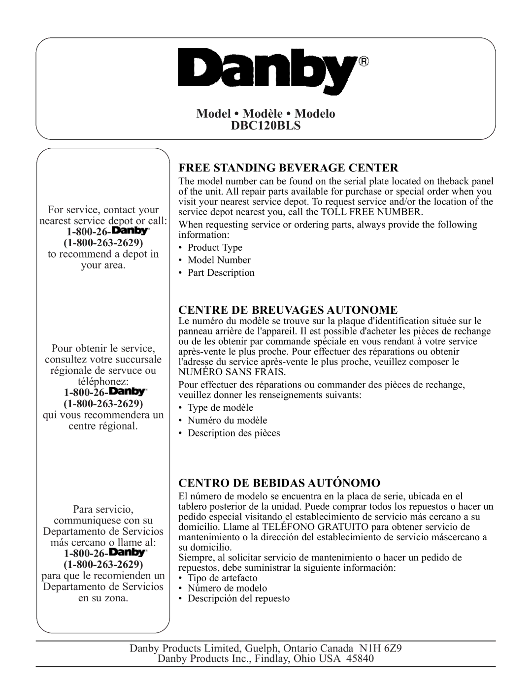 Danby DBC120BLS warranty 