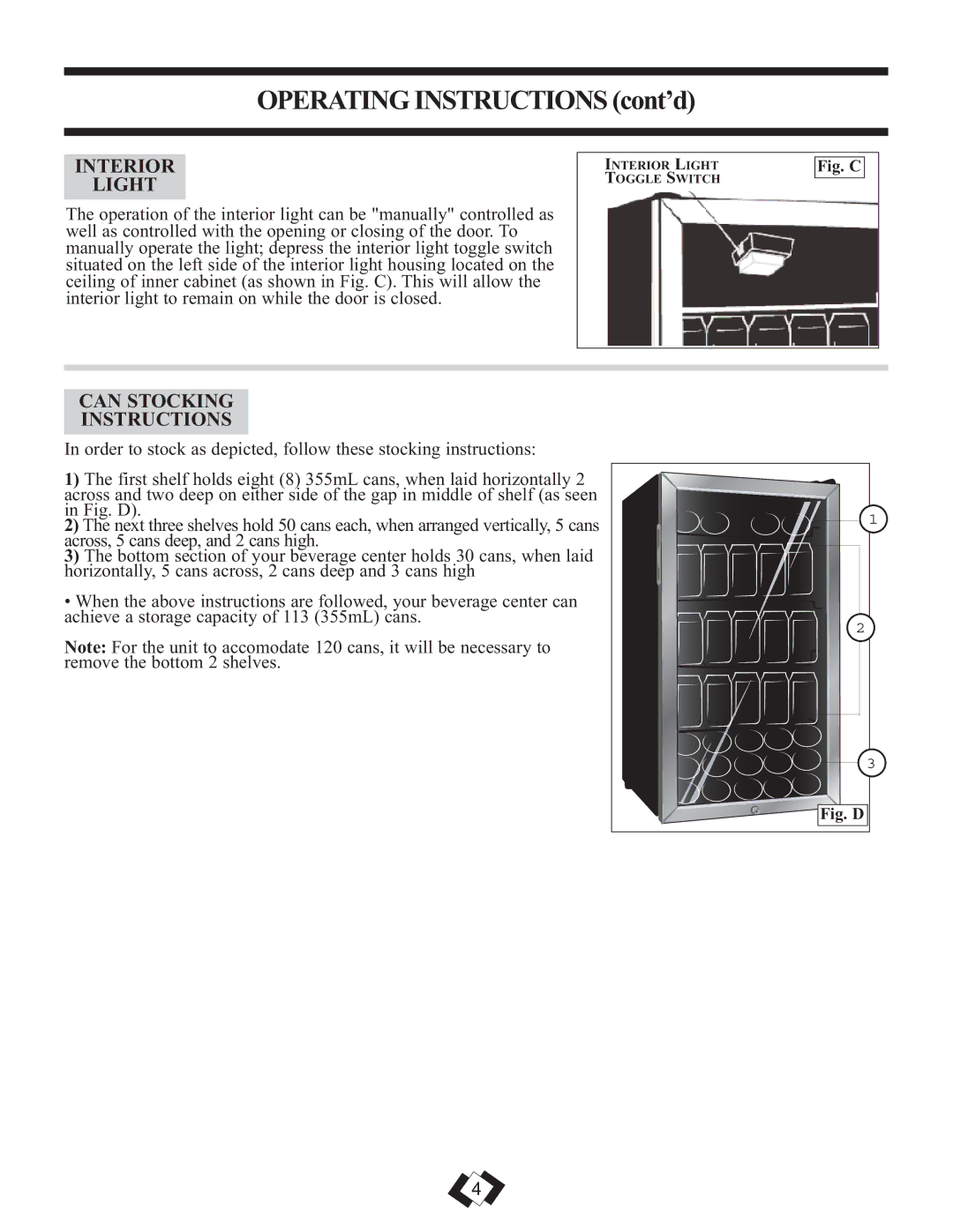 Danby DBC120BLS warranty Interior Light, Can Stocking Instructions 