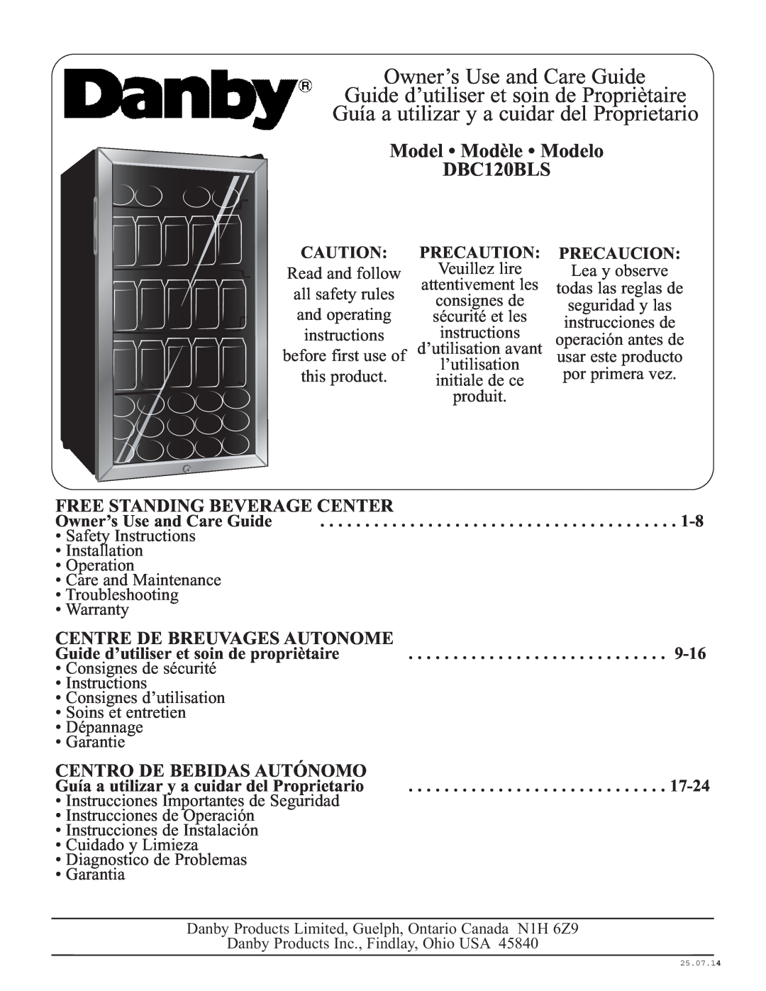 Danby DBC120BLS warranty Free Standing Beverage Center, Centre De Breuvages Autonome, Centro De Bebidas Autónomo, 9-16 