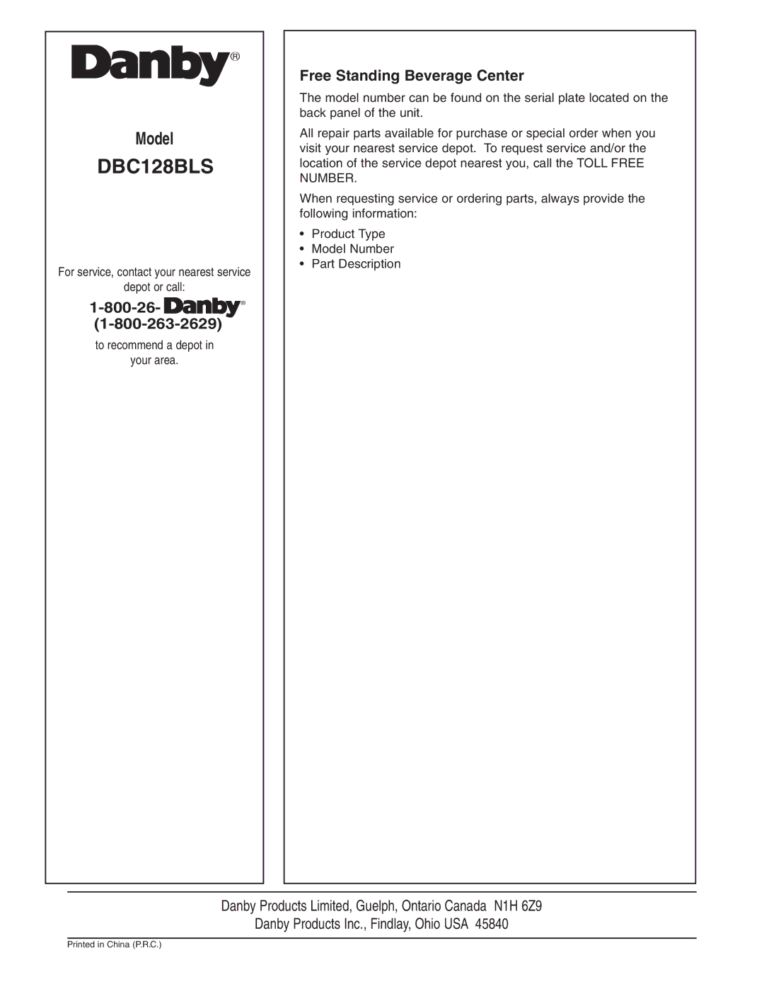 Danby DBC128BLS owner manual 800-26, Free Standing Beverage Center 