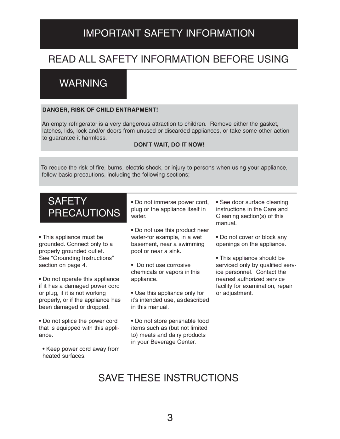 Danby DBC128BLS owner manual Important Safety Information, Safety Precautions 