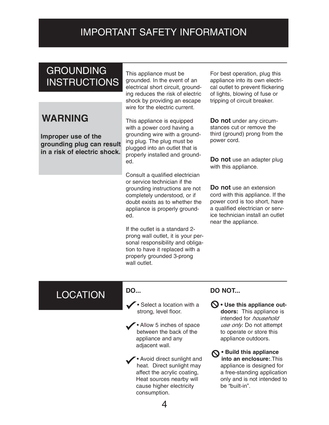 Danby DBC128BLS owner manual Important Safety Information Grounding Instructions, Location 