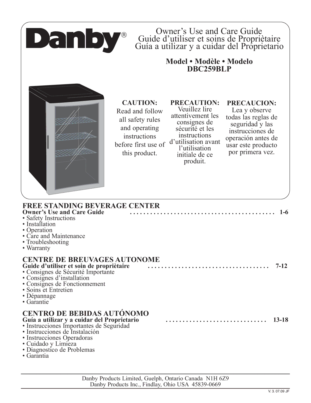 Danby DBC259BLP warranty Free Standing Beverage Center, Centre DE Breuvages Autonome, Centro DE Bebidas Autónomo 