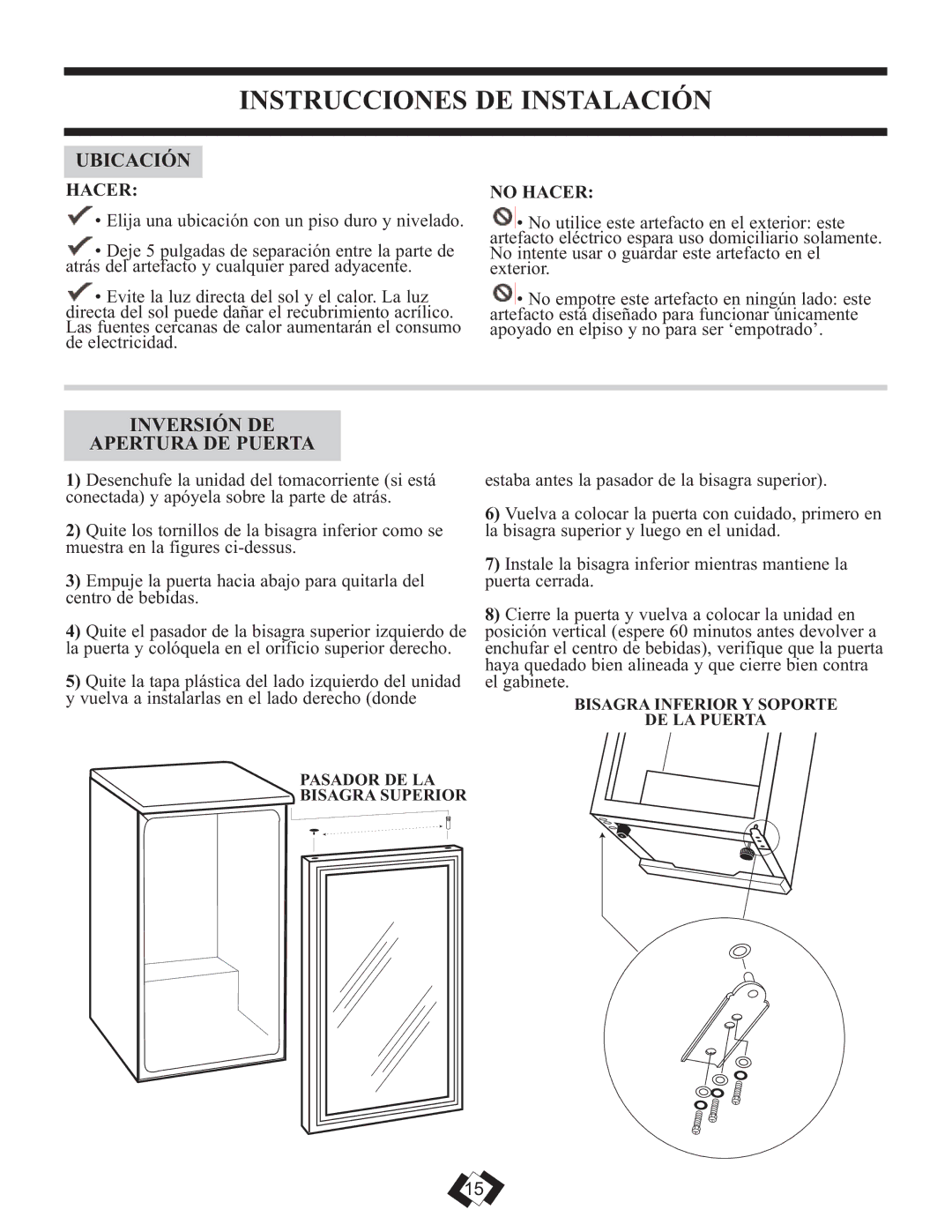 Danby DBC259BLP warranty Instrucciones DE Instalación, Ubicación, Inversión DE Apertura DE Puerta, No Hacer 