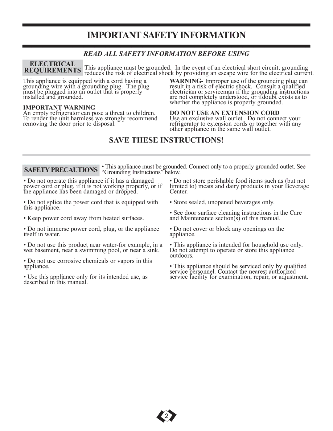 Danby DBC259BLP warranty Important Safety Information, Electrical, Important Warning, Do not USE AN Extension Cord 