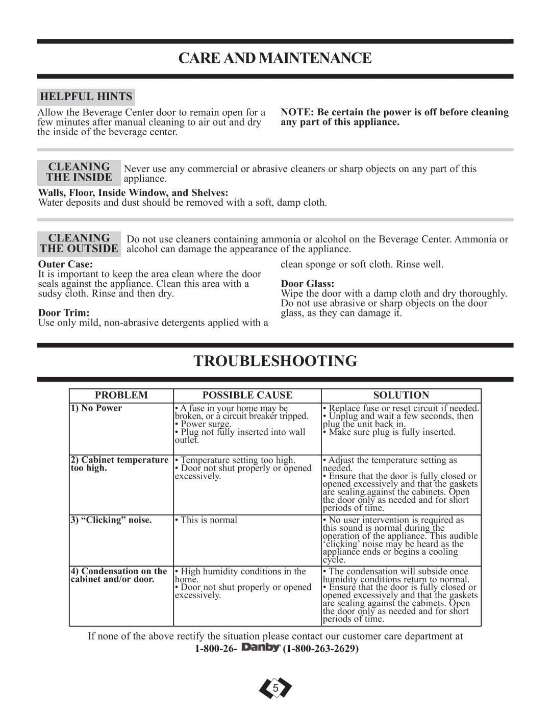 Danby DBC259BLP warranty Care and Maintenance, Troubleshooting, Helpful Hints, Cleaning, Inside 
