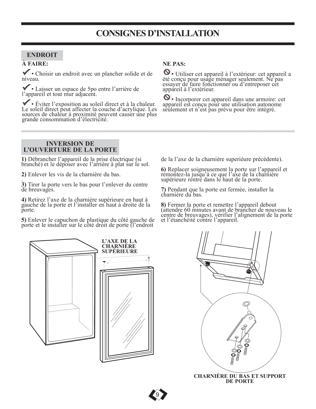 Danby DBC259BLP warranty Consignes D’INSTALLATION, Endroit, Inversion DE ’OUVERTURE DE LA Porte, Faire, Ne Pas 