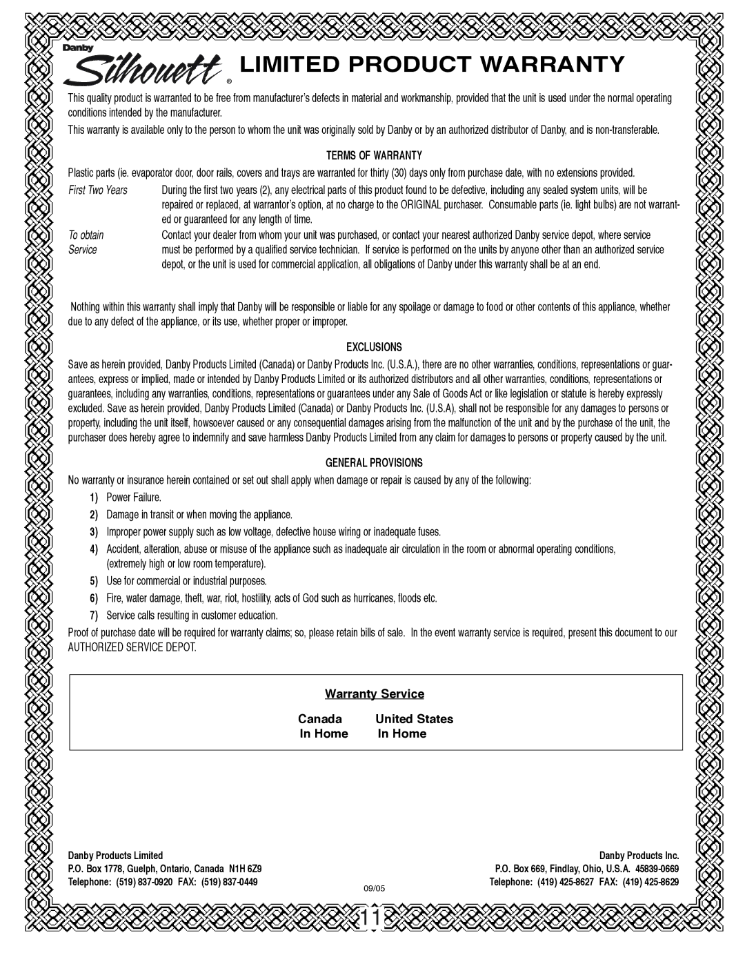 Danby DBC2760BLS manual Limited Product Warranty 