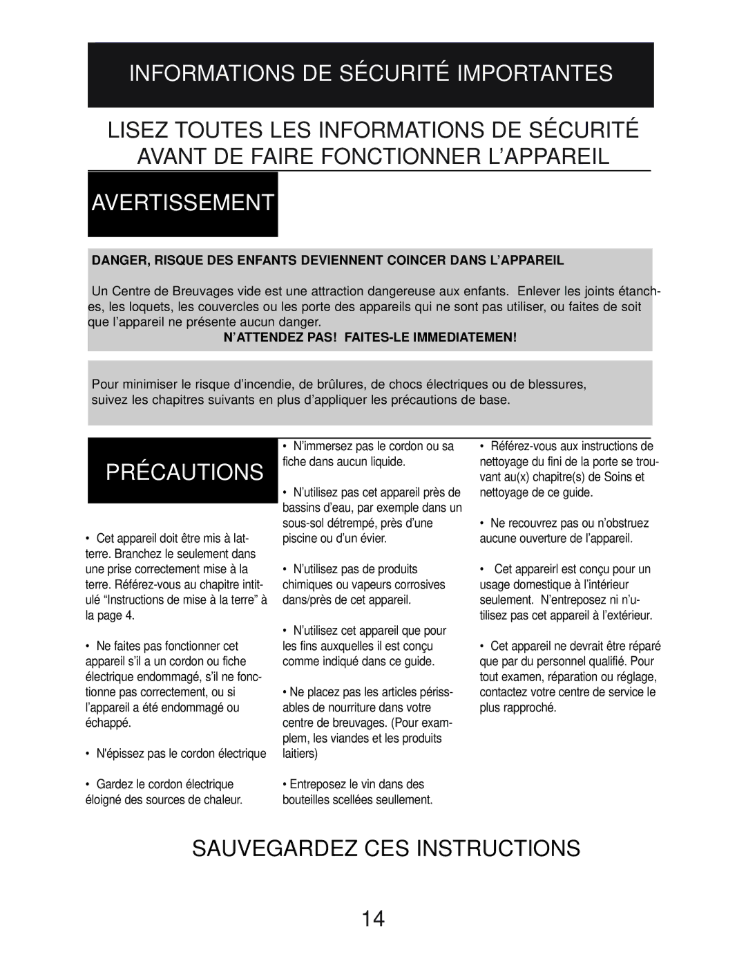 Danby DBC2760BLS manual Informations DE Sécurité Importantes, Avertissement, Précautions 