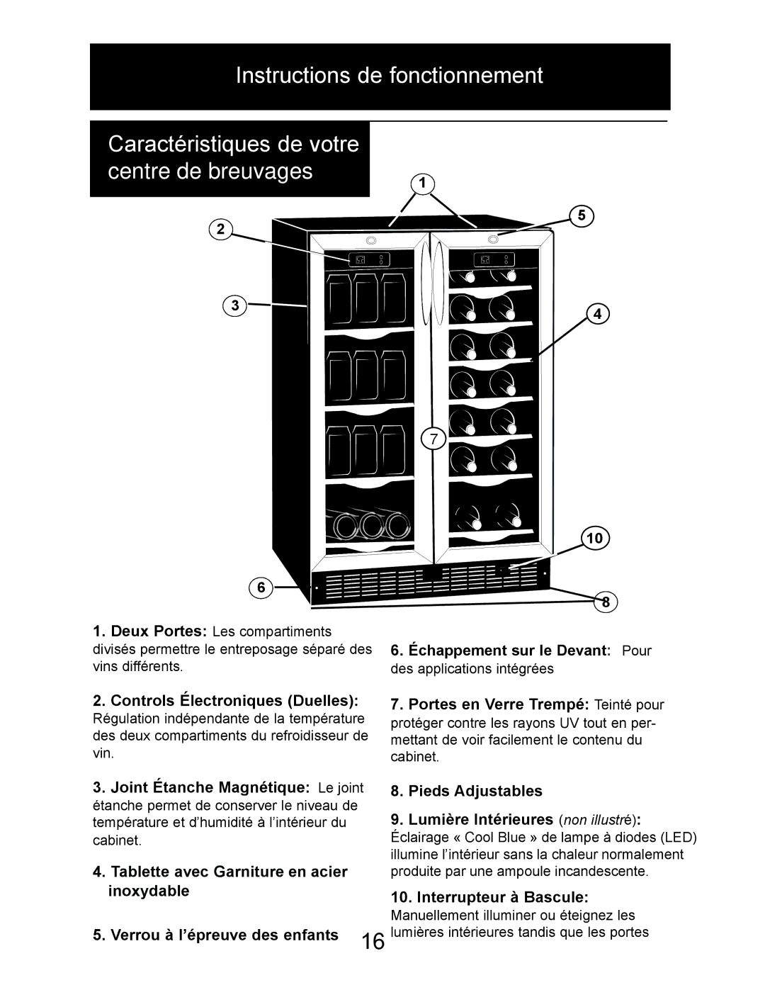 Danby DBC2760BLS manual Controls Électroniques Duelles, Pieds Adjustables Lumière Intérieures non illustré 