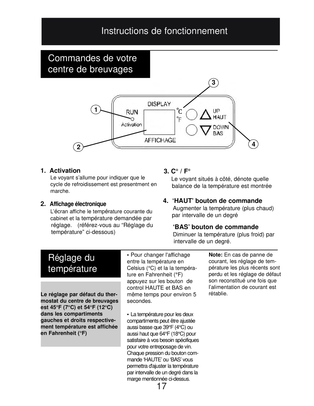 Danby DBC2760BLS manual Réglage du température, Activation, ‘HAUT’ bouton de commande, ‘BAS’ bouton de commande 