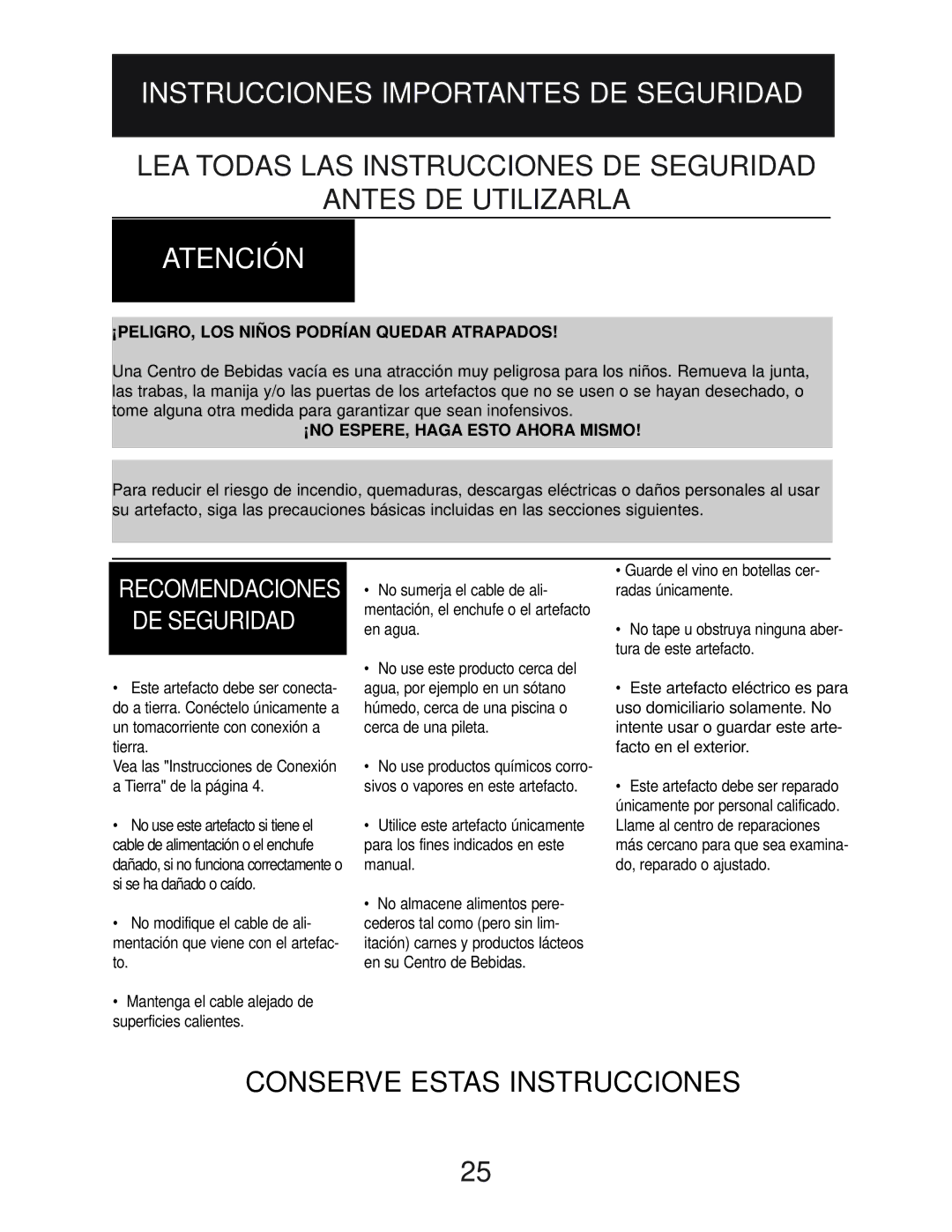 Danby DBC2760BLS manual Instrucciones Importantes DE Seguridad, Atención 