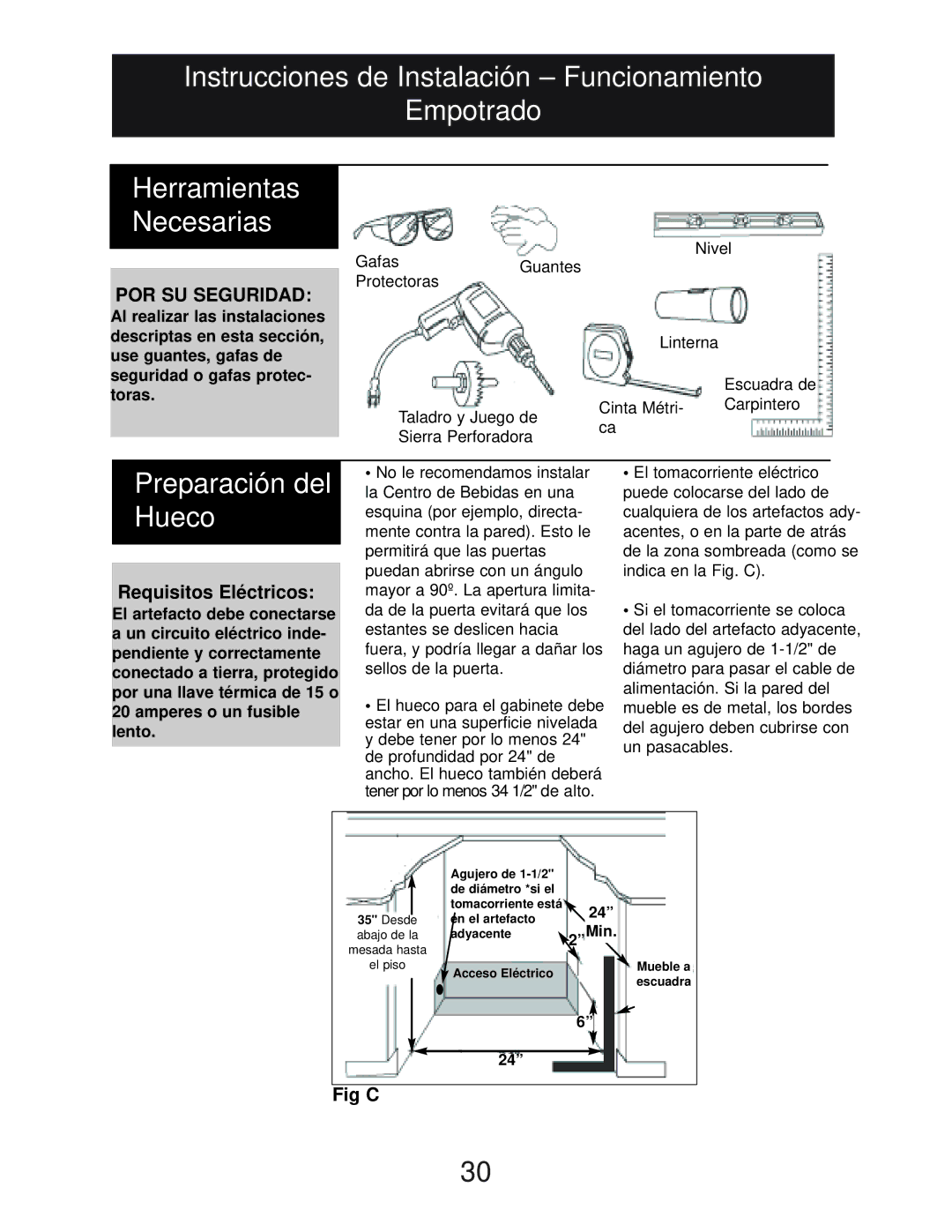 Danby DBC2760BLS manual Empotrado, Preparación del Hueco, Requisitos Eléctricos 