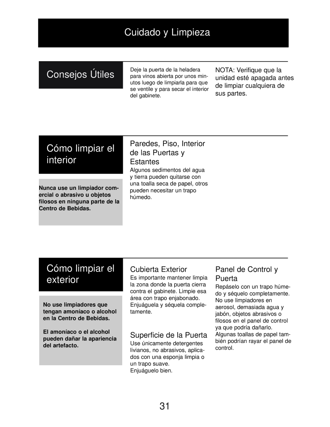 Danby DBC2760BLS manual Cuidado y Limpieza, Cómo limpiar el interior, Cómo limpiar el exterior 