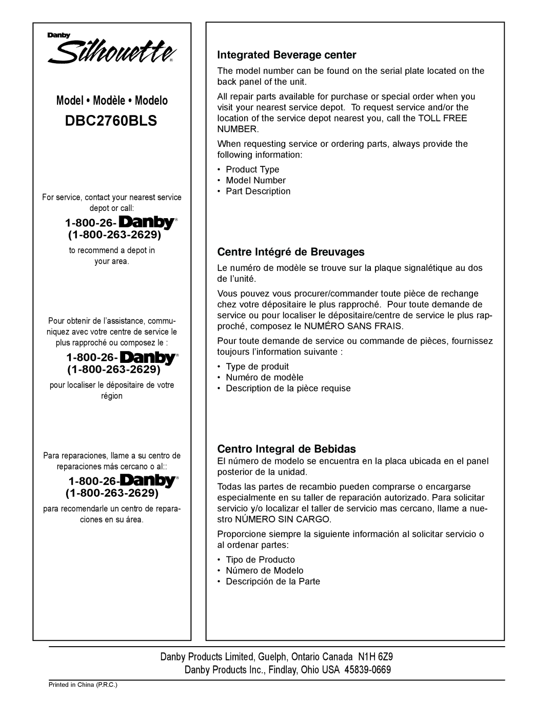 Danby DBC2760BLS 800-26-y, Danby, Nby, Integrated Beverage center, Centre Intégré de Breuvages, Centro Integral de Bebidas 