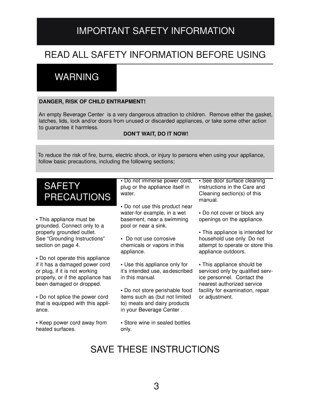 Danby DBC2760BLS manual Important Safety Information, Safety Precautions 