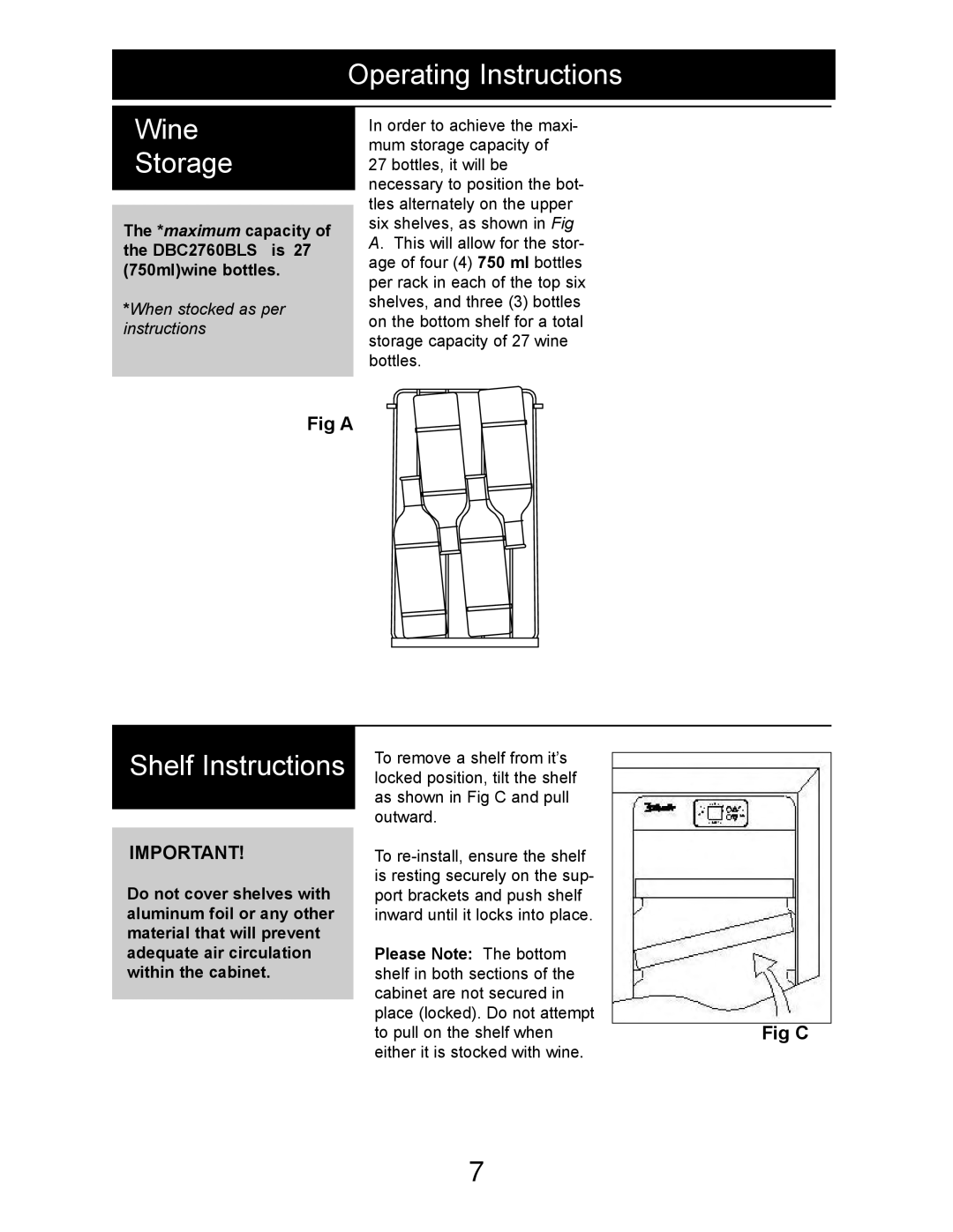 Danby DBC2760BLS manual Operating Instructions Wine Storage, Shelf Instructions, Fig a 