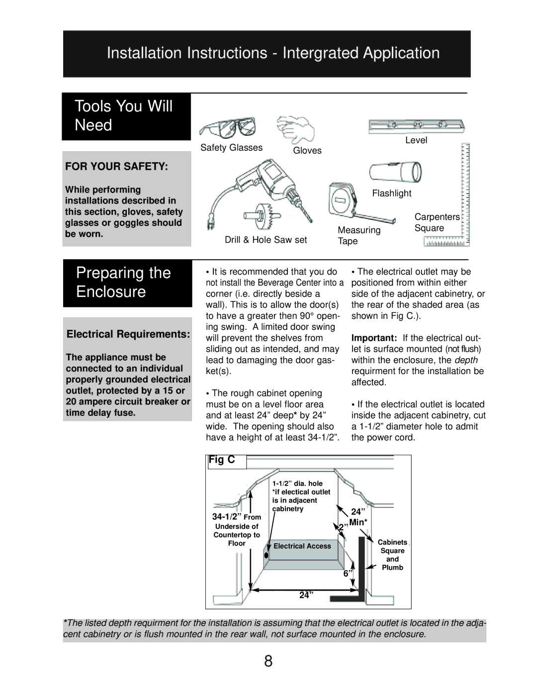 Danby DBC2760BLS manual Preparing the Enclosure, Electrical Requirements, Fig C 