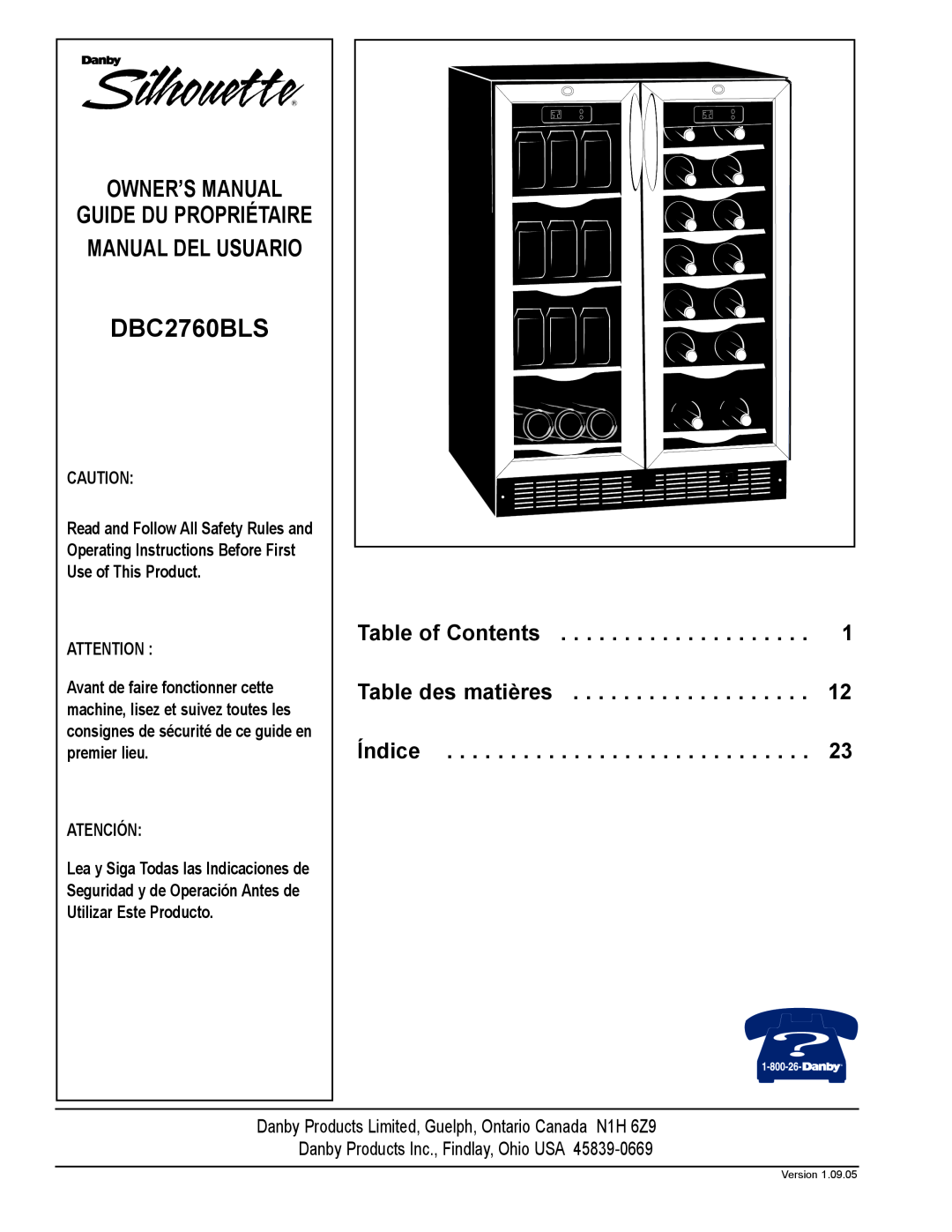 Danby DBC2760BLS manual Table of Contents, Table des matières, Índice, Guide Du Propriétaire Manual Del Usuario, Atención 