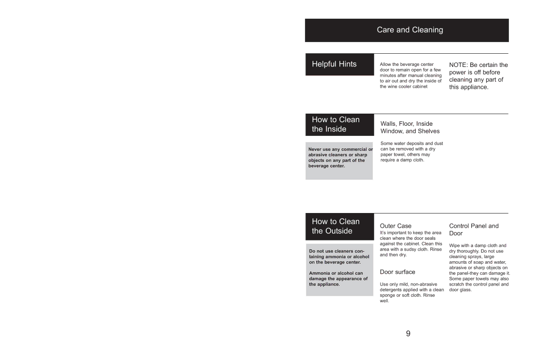 Danby DBC514BLS owner manual Care and Cleaning Helpful Hints, How to Clean the Inside, How to Clean the Outside 