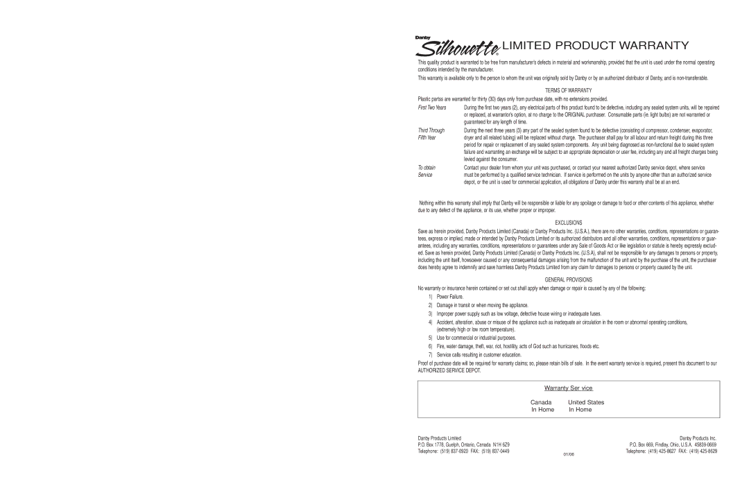 Danby DBC514BLS owner manual Limited Product Warranty 