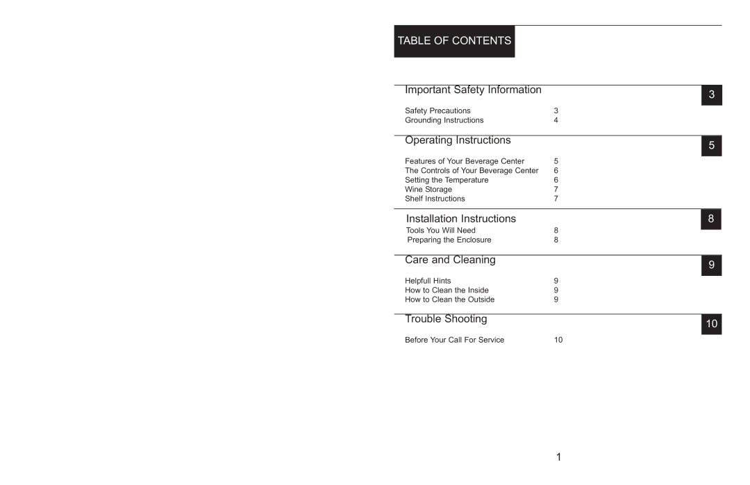 Danby DBC514BLS owner manual Table of Contents 