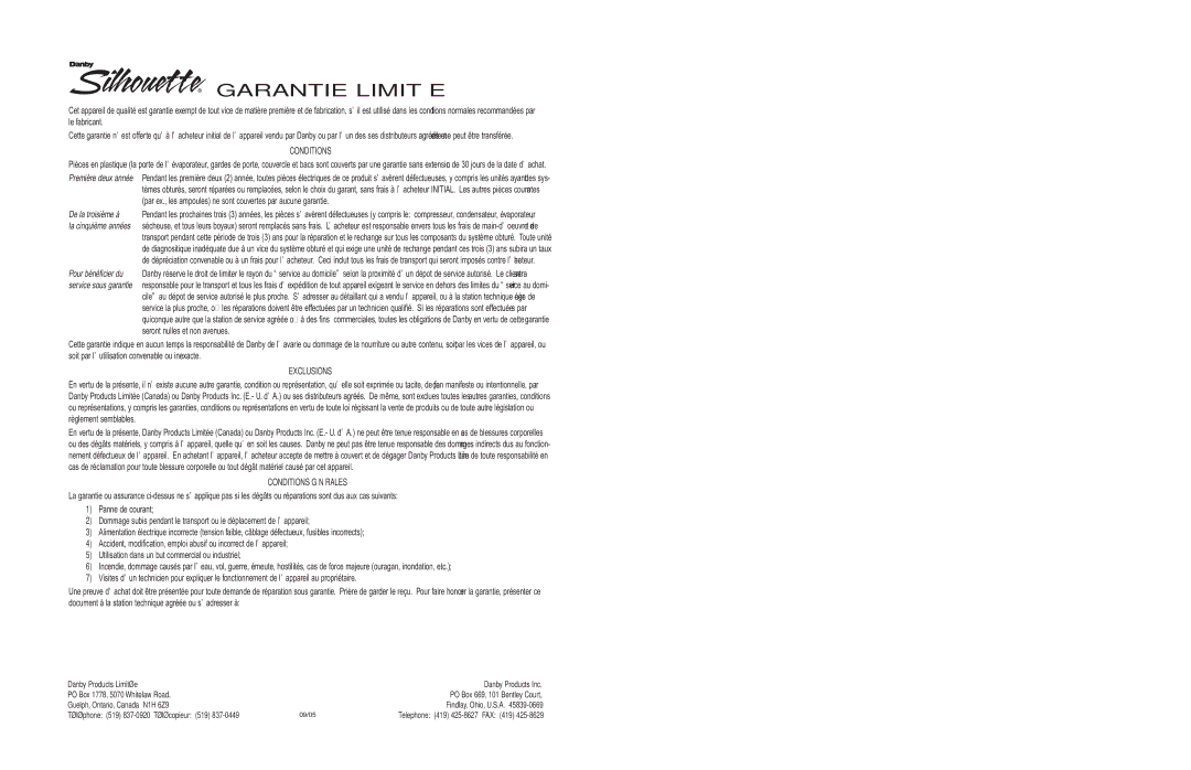 Danby DBC514BLS owner manual Garantie Limitée 