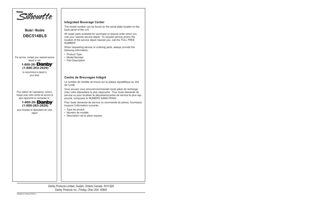 Danby DBC514BLS owner manual Integrated Beverage Center, Centre de Breuvages Intégré, Model Modèle 