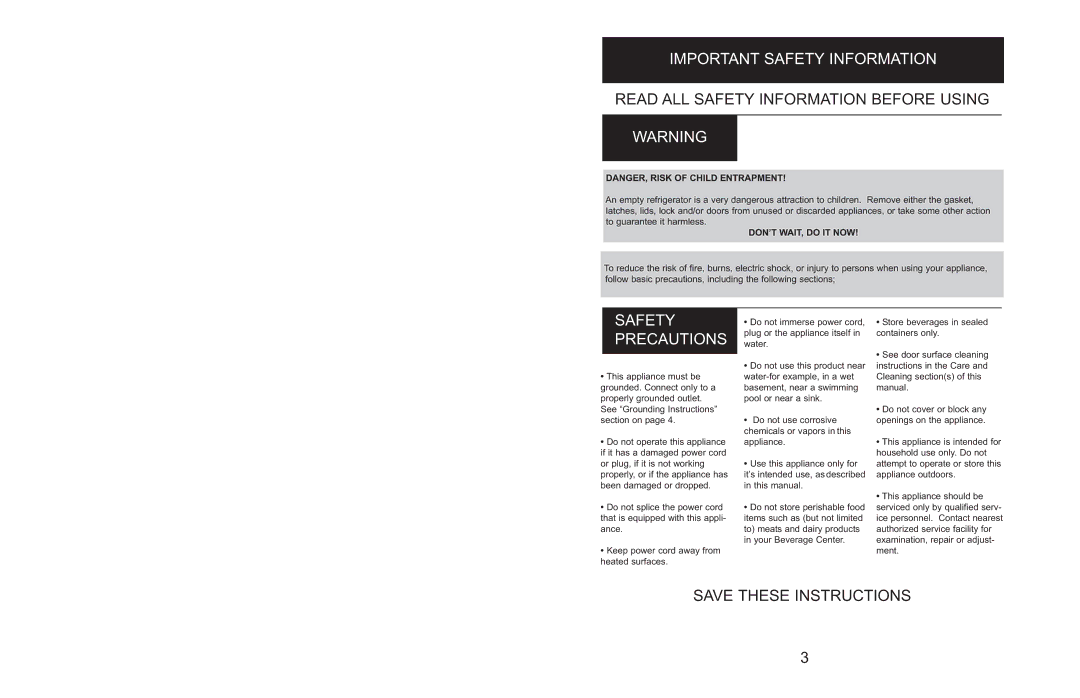 Danby DBC514BLS owner manual Important Safety Information, Safety Precautions 