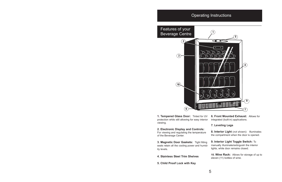 Danby DBC514BLS Operating Instructions Features of your Beverage Centre, Leveling Legs Electronic Display and Controls 