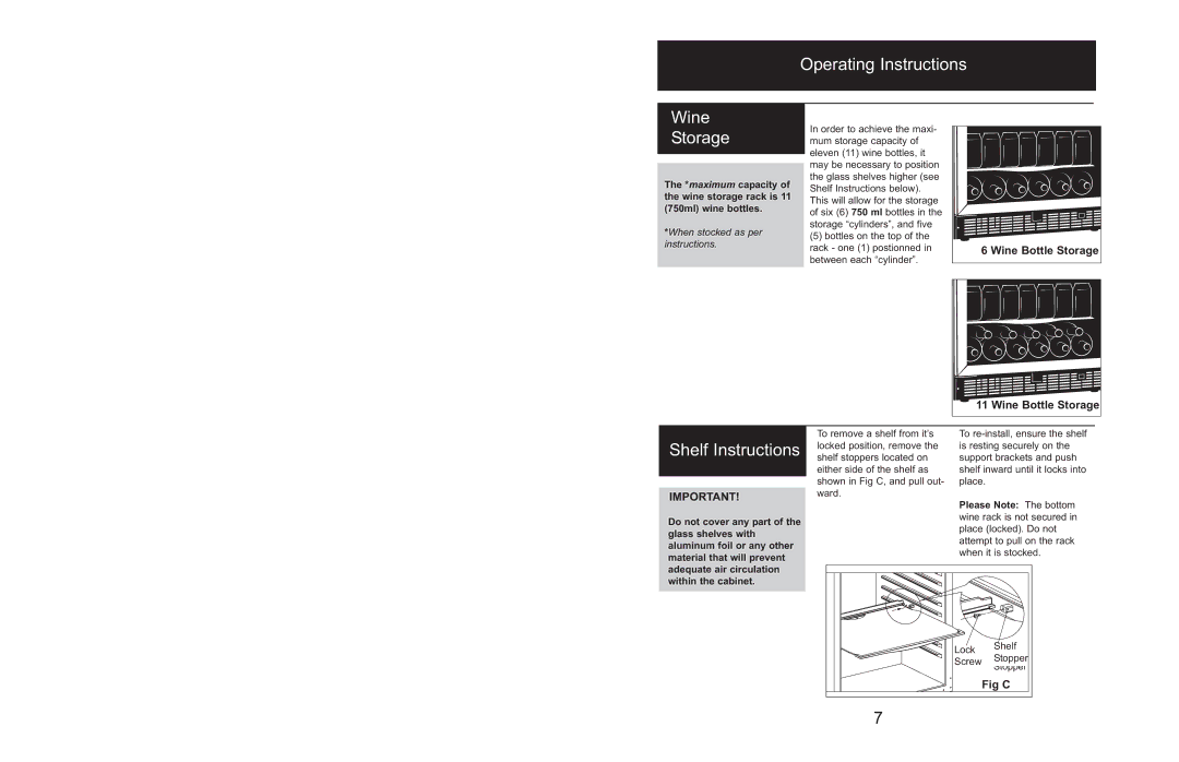 Danby DBC514BLS owner manual Operating Instructions Wine Storage, Shelf Instructions, Fig C 