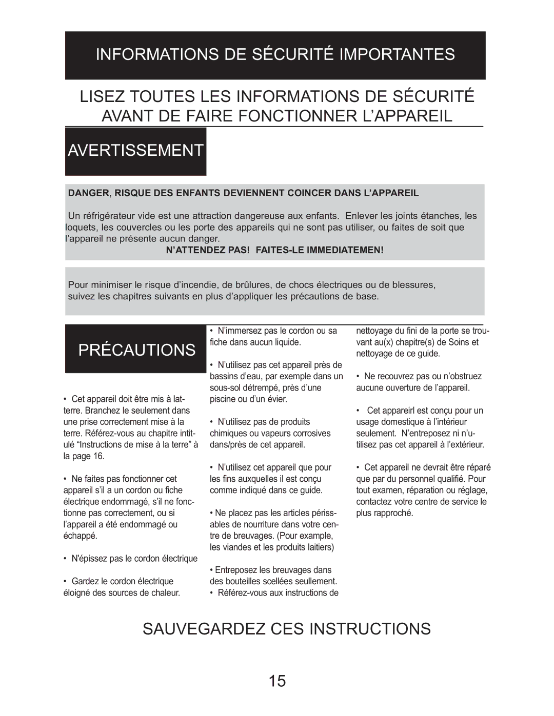 Danby DBC514BLS owner manual Informations DE Sécurité Importantes, Précautions 