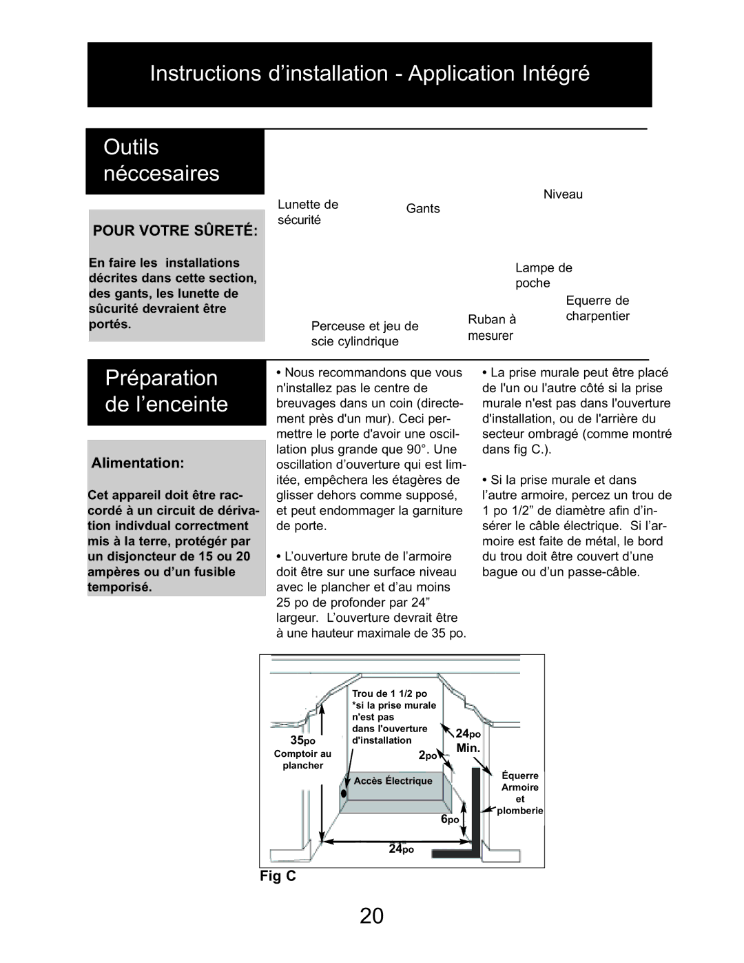 Danby DBC514BLS owner manual Préparation, De l’enceinte, Alimentation 