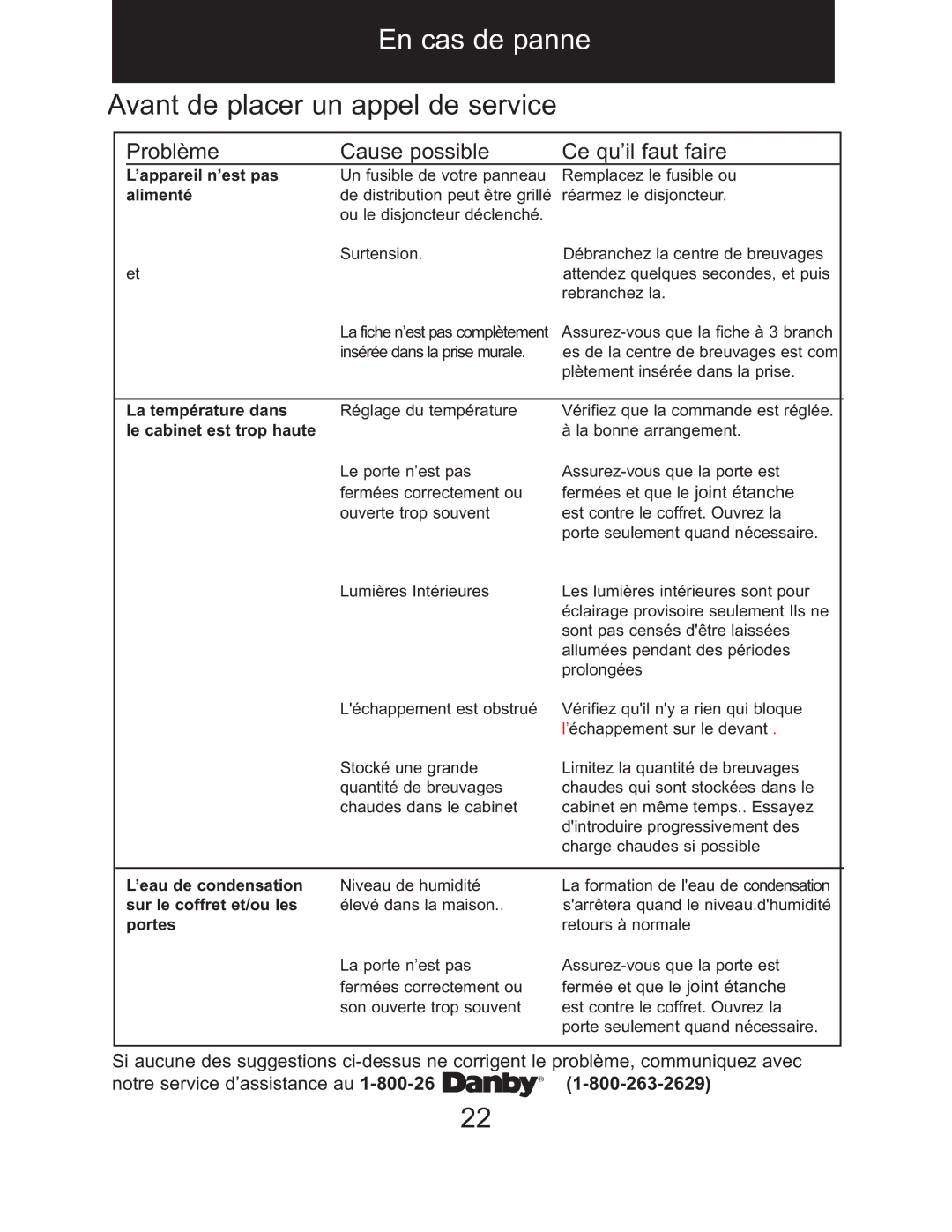 Danby DBC514BLS owner manual En cas de panne, Avant de placer un appel de service 