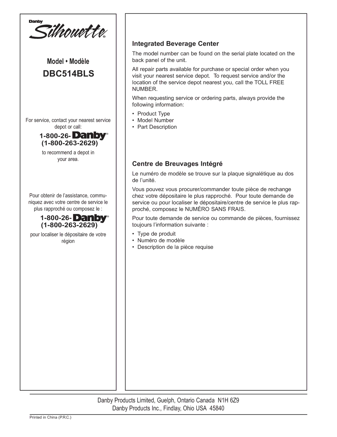 Danby DBC514BLS 800-26- 1-800-263-2629 to recommend a depot, Integrated Beverage Center, Centre de Breuvages Intégré 