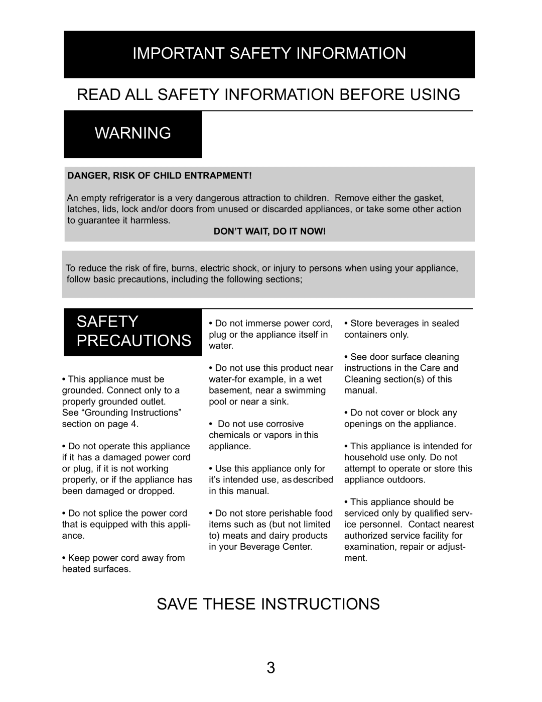 Danby DBC514BLS owner manual Important Safety Information, Safety Precautions 