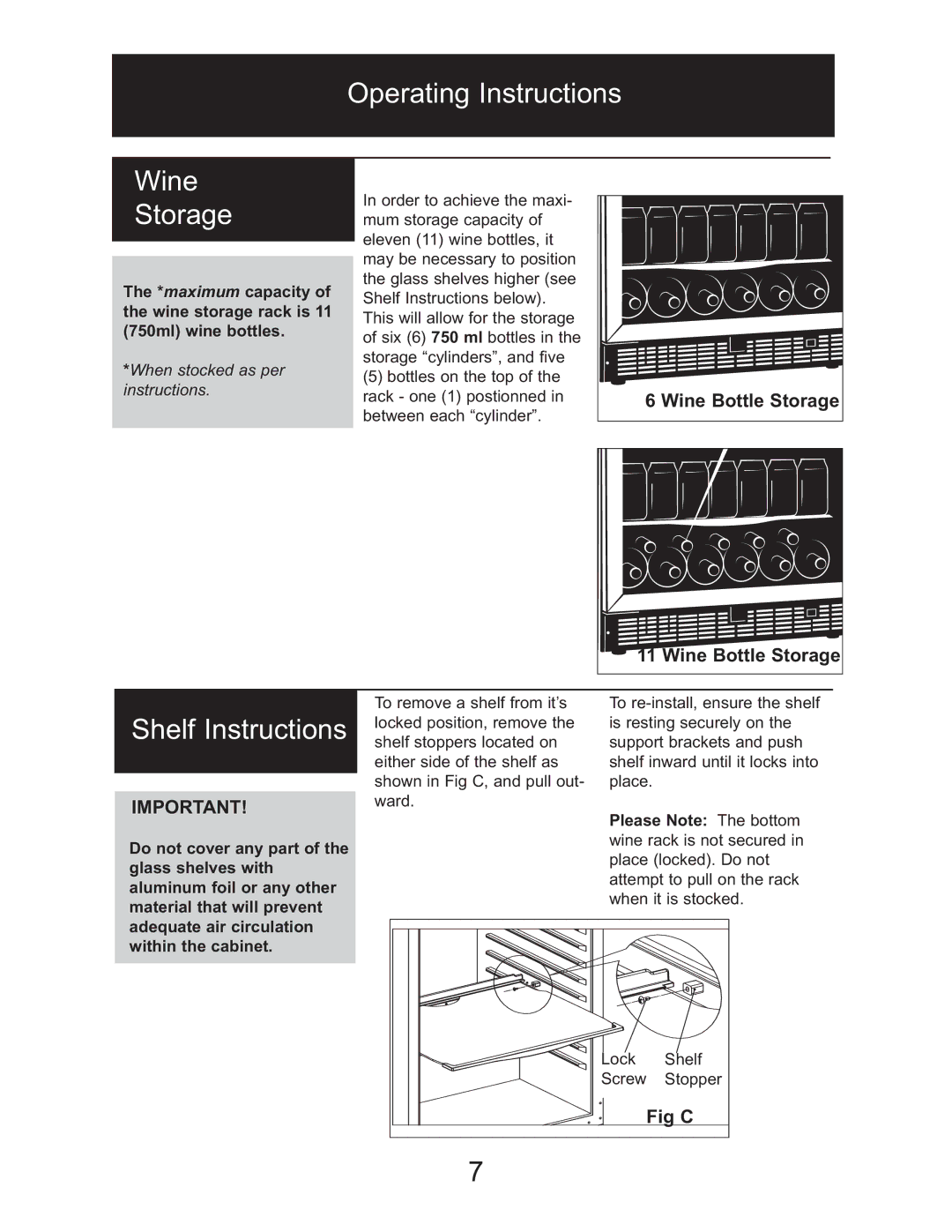 Danby DBC514BLS owner manual Operating Instructions Storage, Shelf Instructions, Wine Bottle Storage, Fig C 