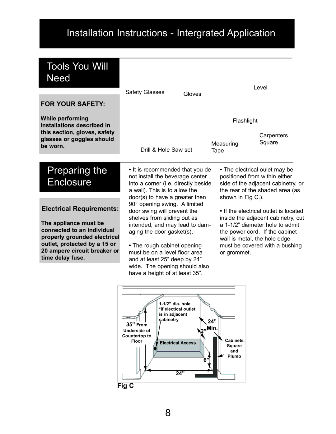 Danby DBC514BLS owner manual Preparing, Enclosure, Electrical Requirements 