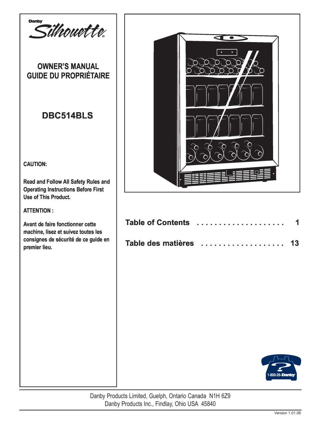 Danby DBC514BLS owner manual Guide Du Propriétaire, Table of Contents, Table des matières 