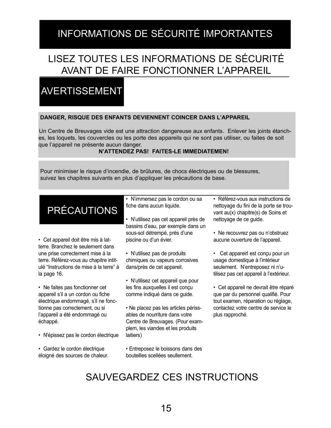 Danby DBC7070BLSST owner manual Informations DE Sécurité Importantes 