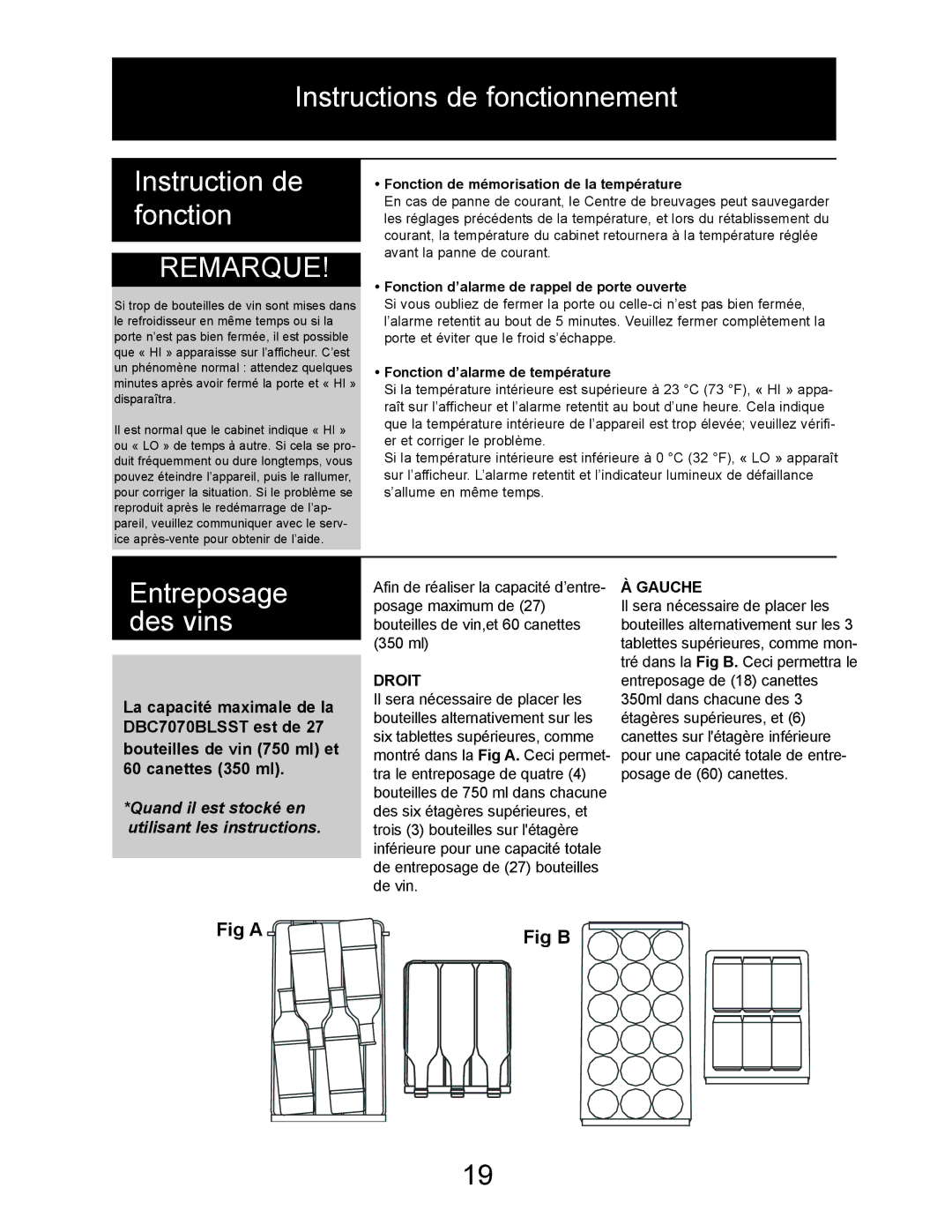 Danby DBC7070BLSST owner manual Instructions de fonctionnement Instruction de fonction, Entreposage des vins, Fig a Fig B 