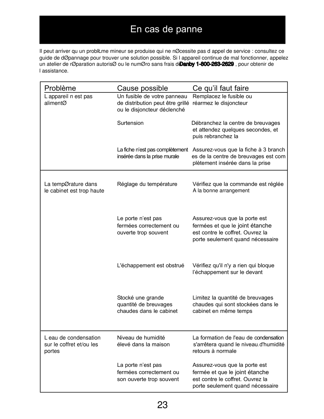 Danby DBC7070BLSST owner manual En cas de panne, Problème Cause possible Ce qu’il faut faire 