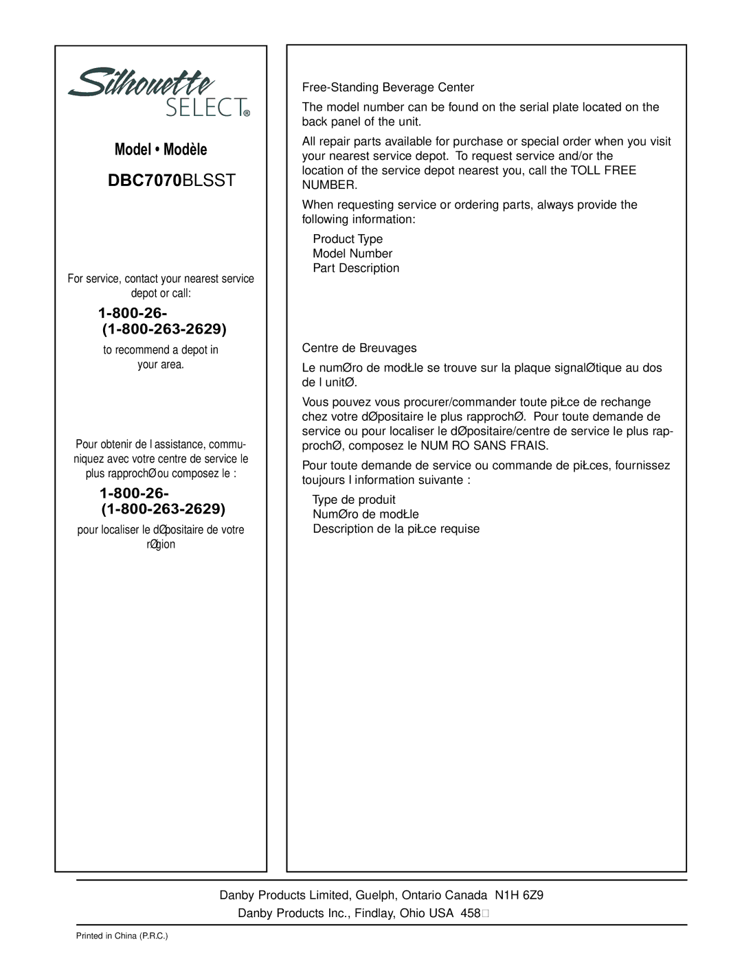 Danby DBC7070BLSST owner manual 800-26, To recommend a depot Your area 