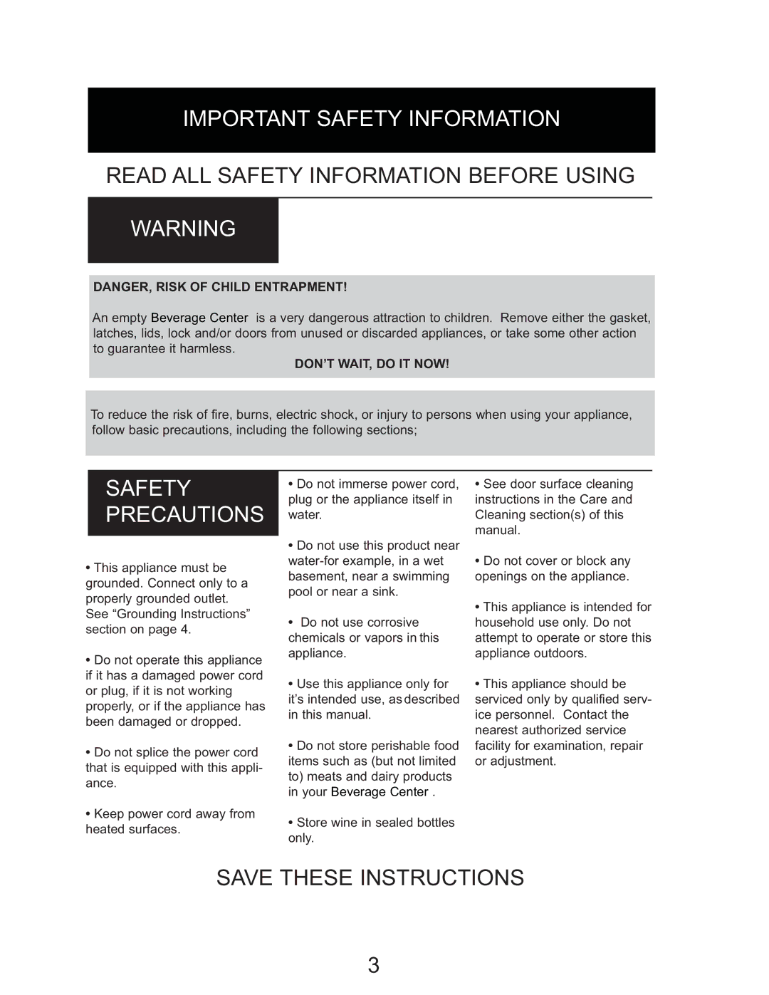 Danby DBC7070BLSST owner manual Important Safety Information 