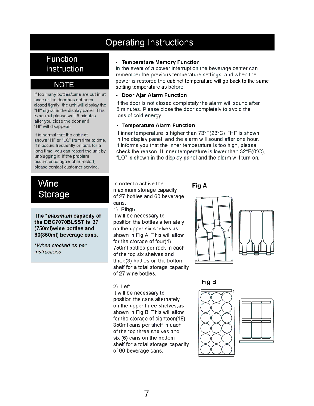 Danby DBC7070BLSST owner manual Wine Storage, Fig B 