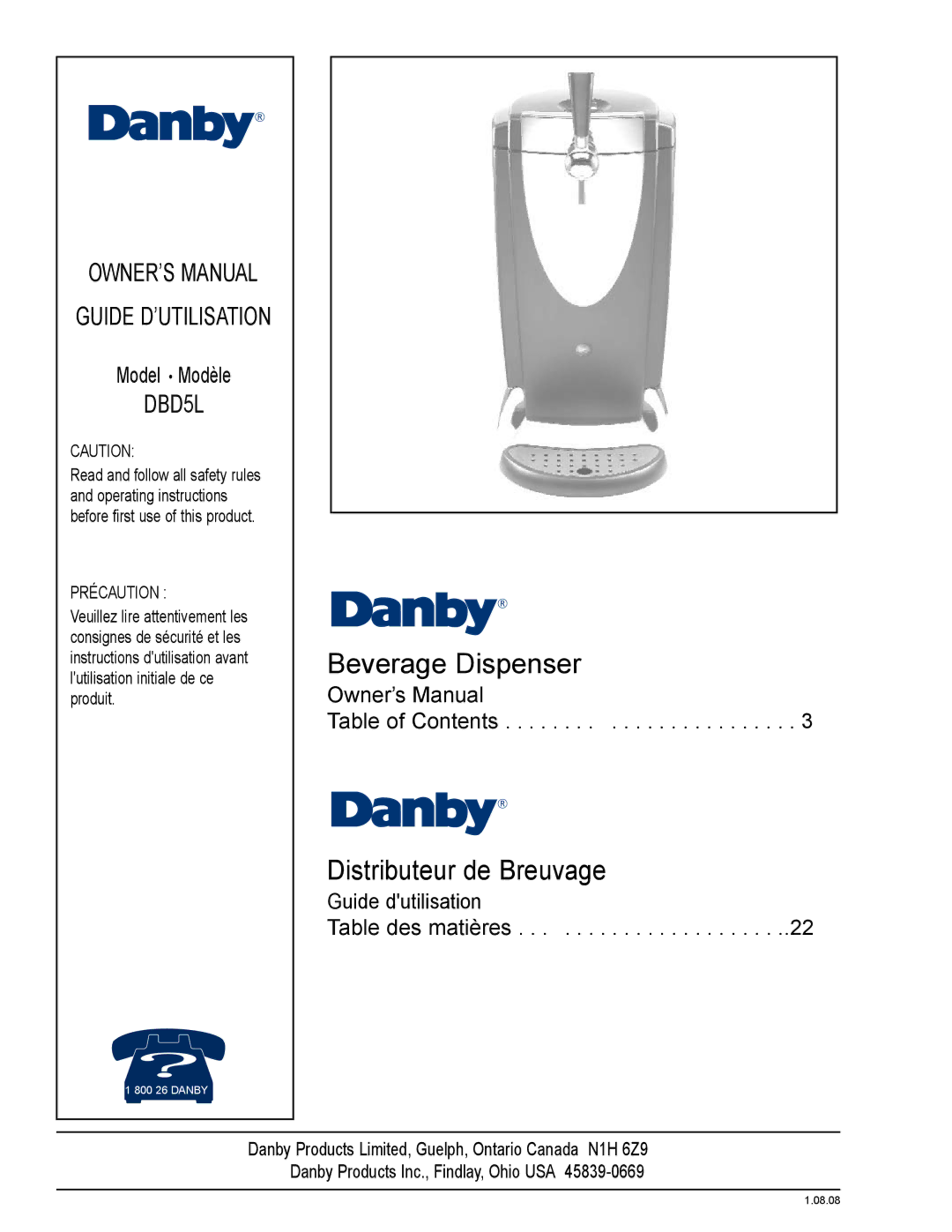 Danby DBD5L owner manual Beverage Dispenser, Distributeur de Breuvage 