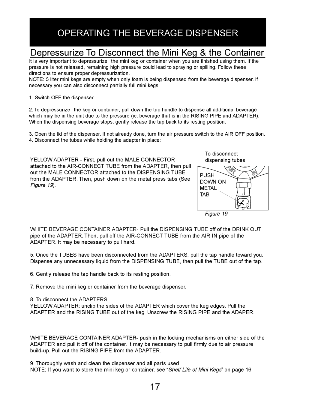 Danby DBD5L owner manual Depressurize To Disconnect the Mini Keg & the Container, Push Down on Metal TAB 