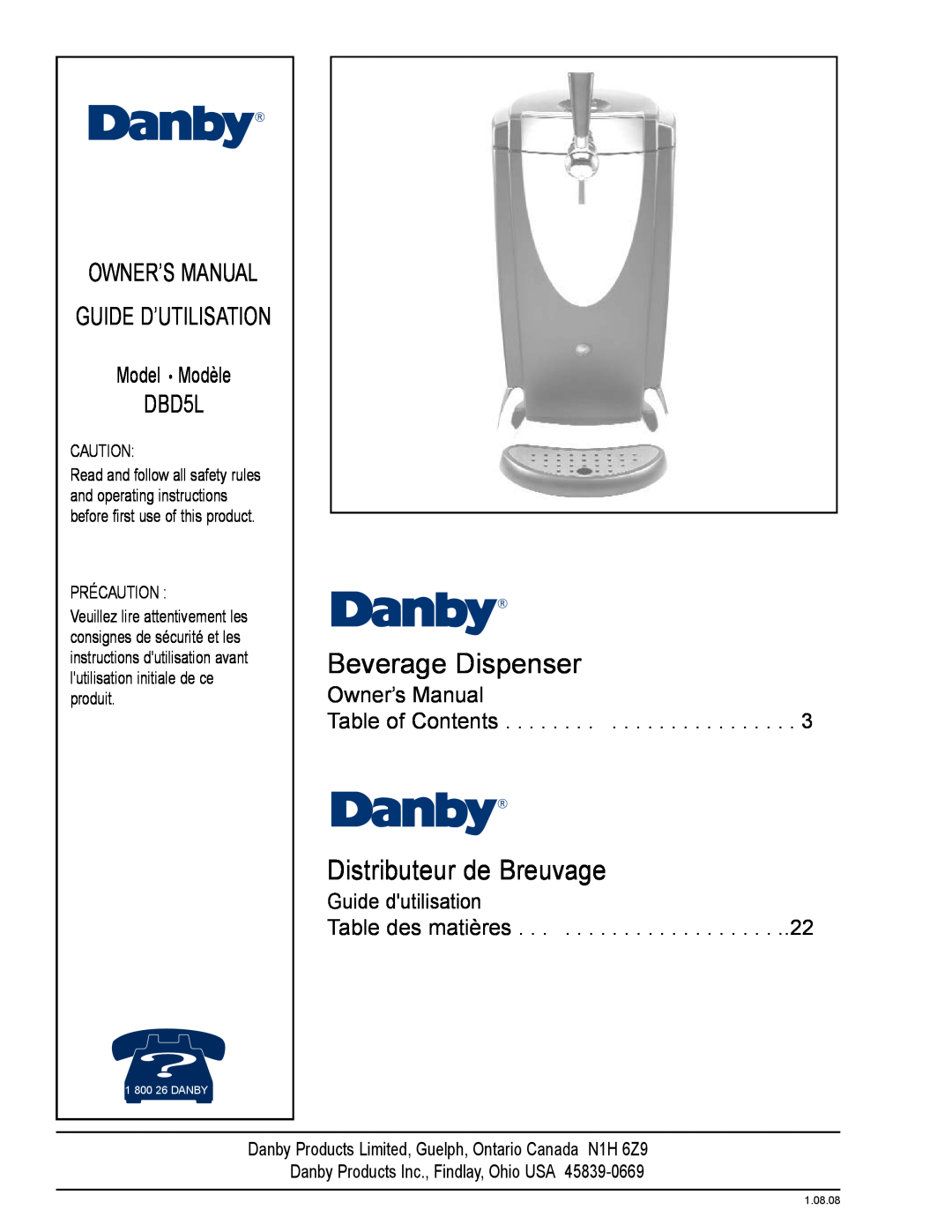 Danby DBD5L owner manual Beverage Dispenser, Distributeur de Breuvage, Model Modèle, Guide dutilisation Table des matières 