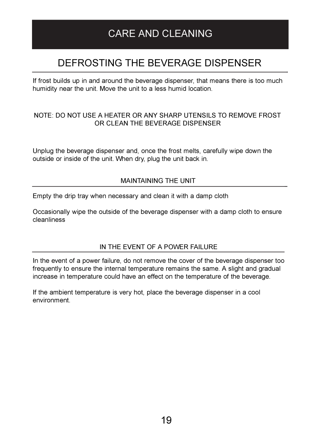 Danby DBD5L owner manual Defrosting The Beverage Dispenser, Care And Cleaning 
