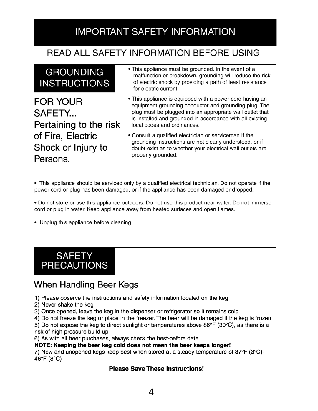 Danby DBD5L owner manual Important Safety Information, Grounding Instructions, For Your Safety, Safety Precautions 